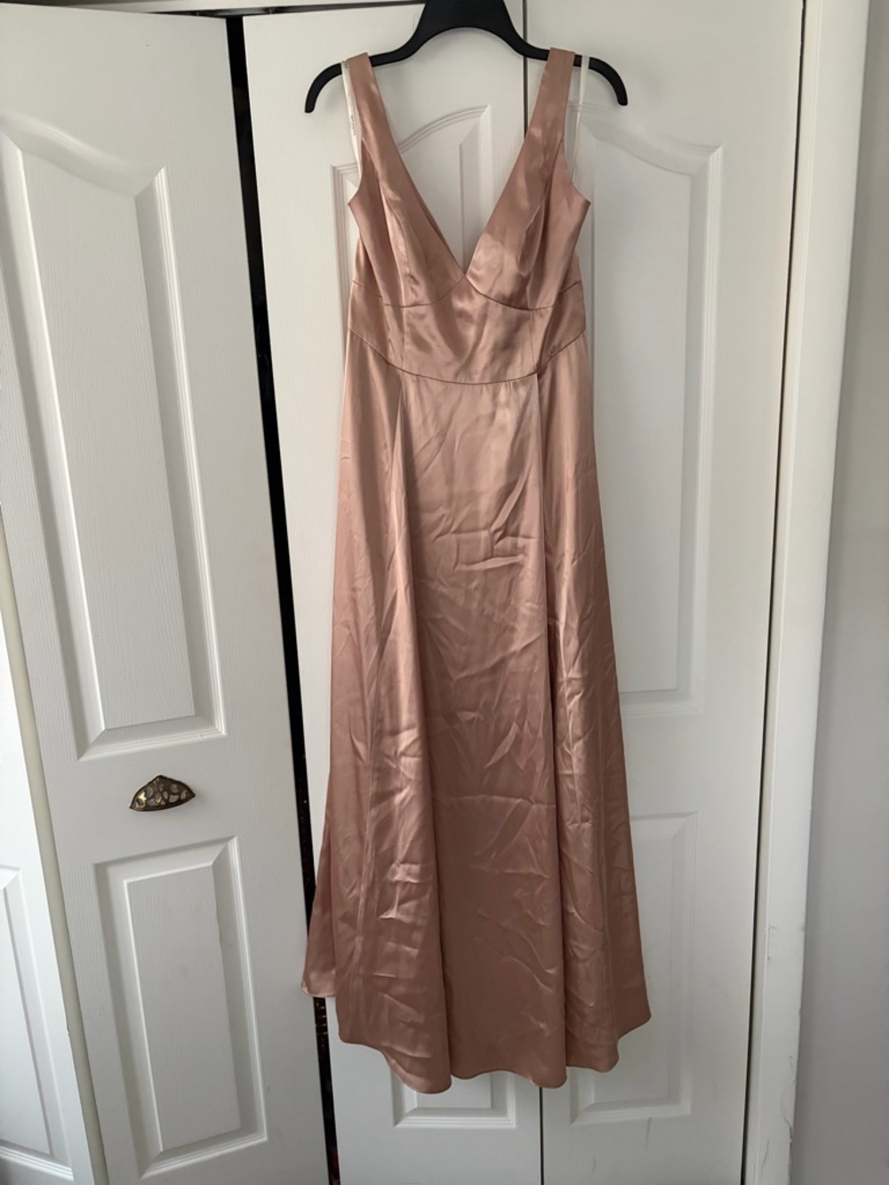 Lina Rose Gold Satin Maxi Dress with V-Neck